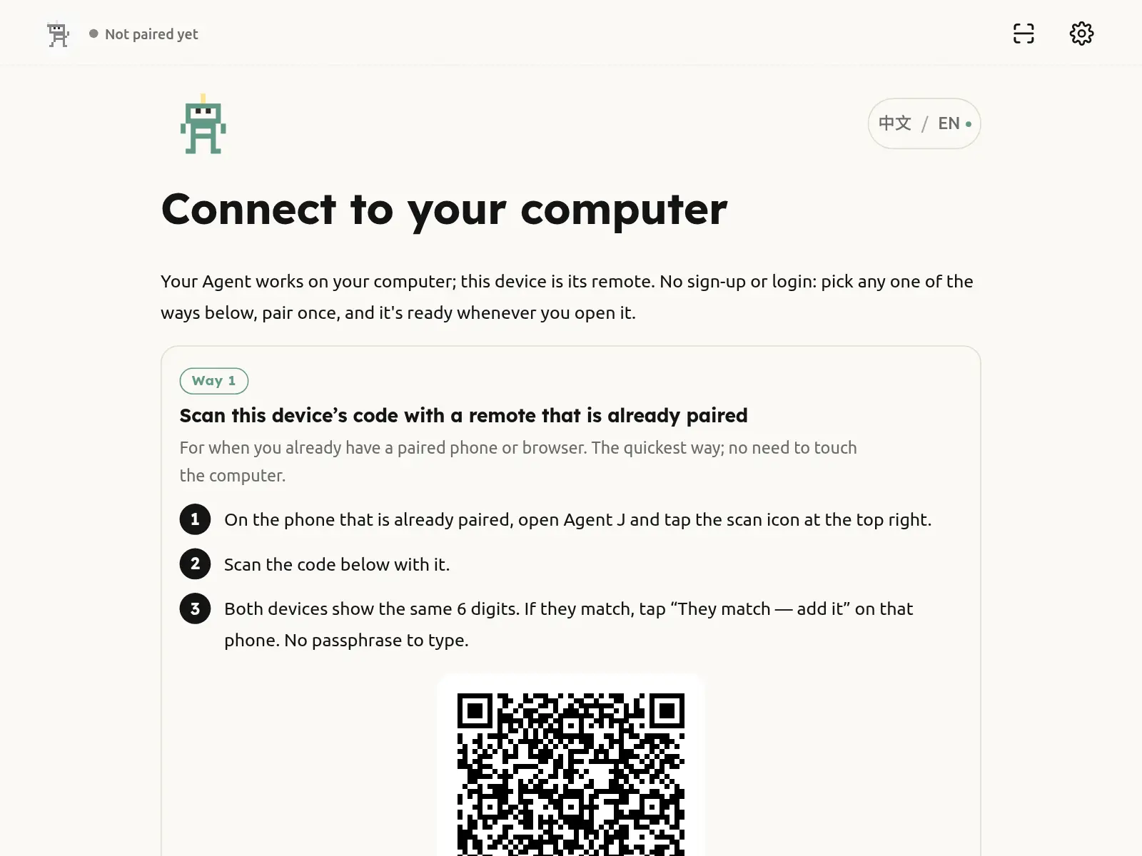 Not paired yet: scan the QR code on your computer