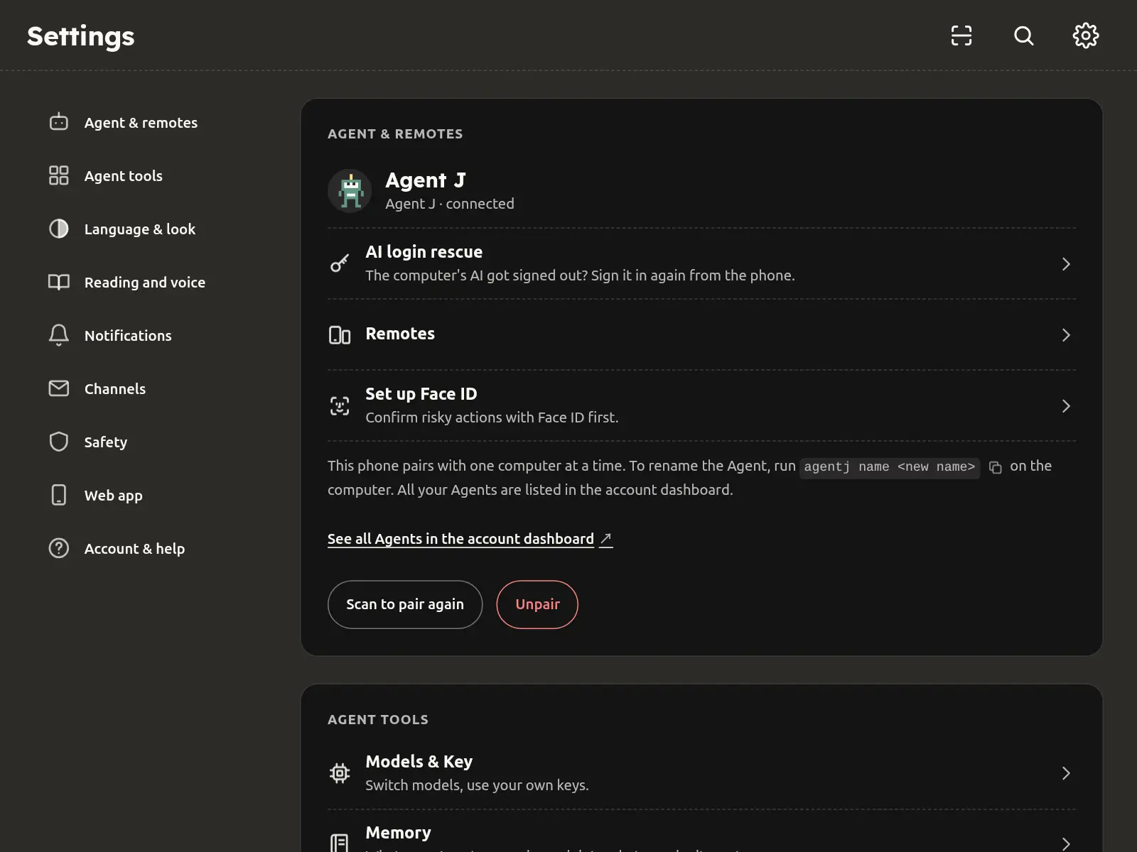 Settings in a desktop browser