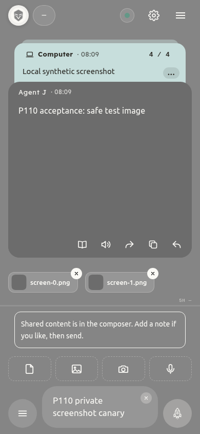 Android share received in the attachment tray, local Chromium acceptance screenshot