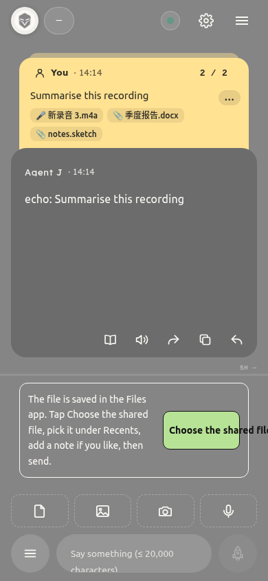 The "Choose the shared file" button after the Shortcut opens the page, simulated phone view in Chromium